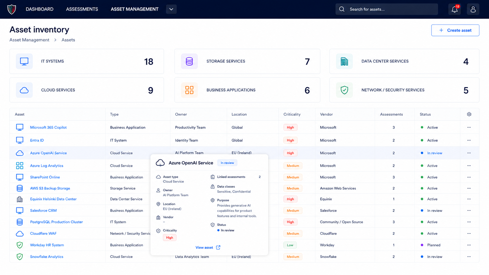 Kaio asset inventory: IT systems, cloud services, and applications catalogued with type, owner, location, criticality, and vendor.